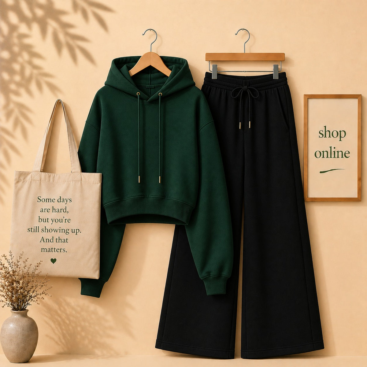 BOTTLE GREEN CROP HOODIE WITH BLACK FLAPPER
