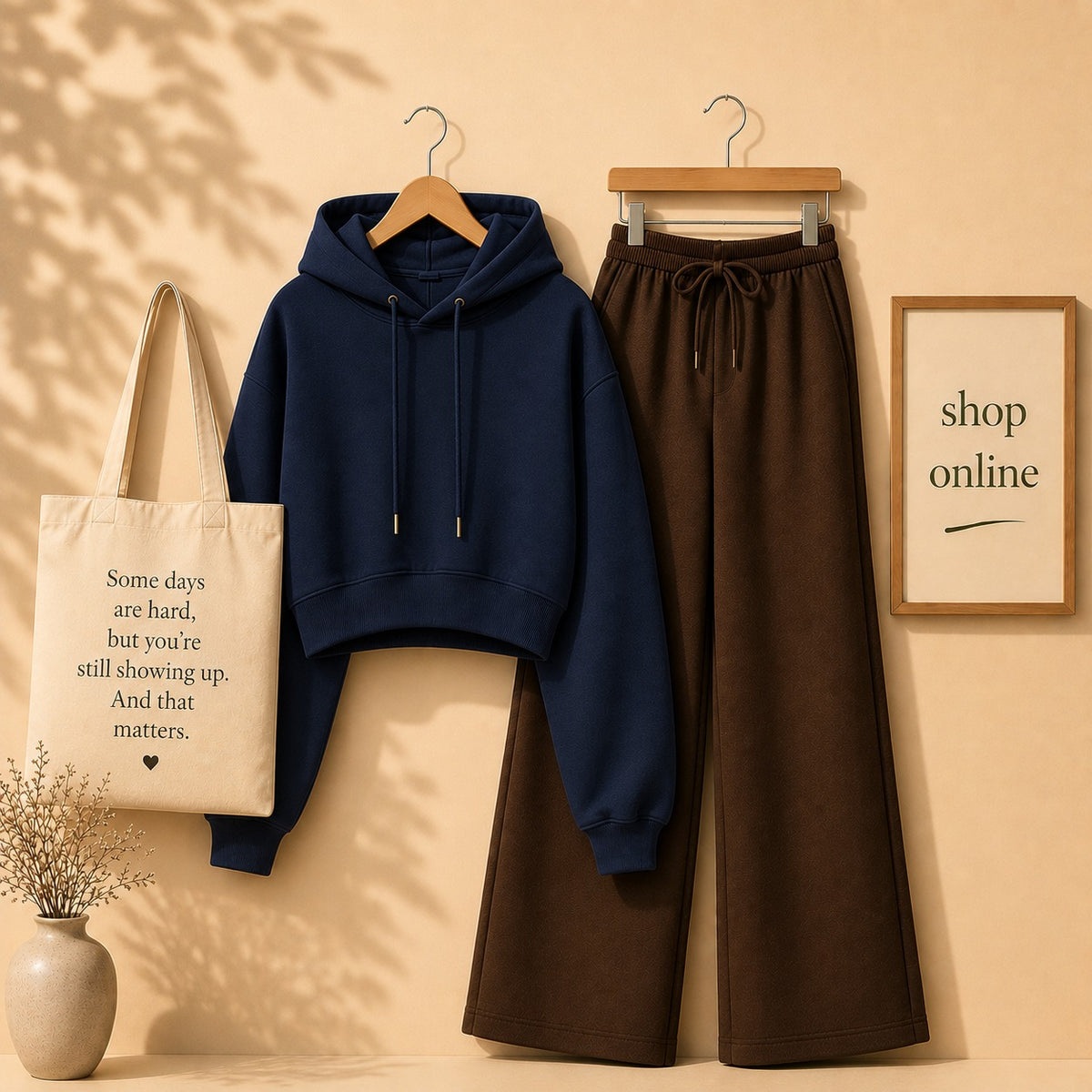 NAVY BLUE CROP HOODIE WITH BROWN FLAPPER