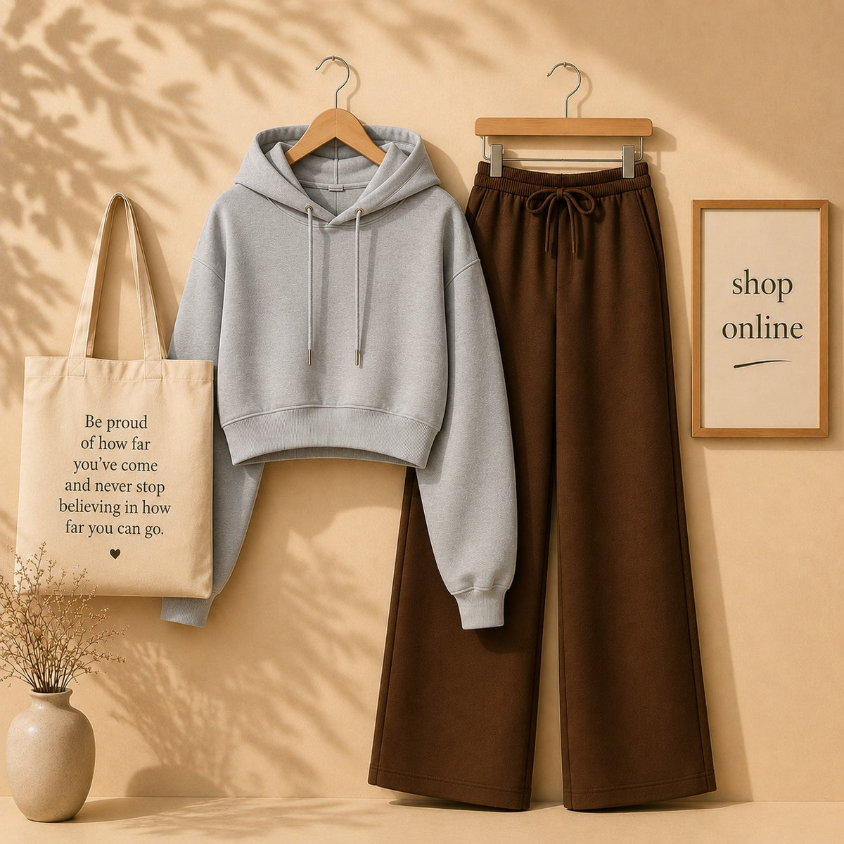 GREY CROP HOODIE WITH BROWN FLAPPER