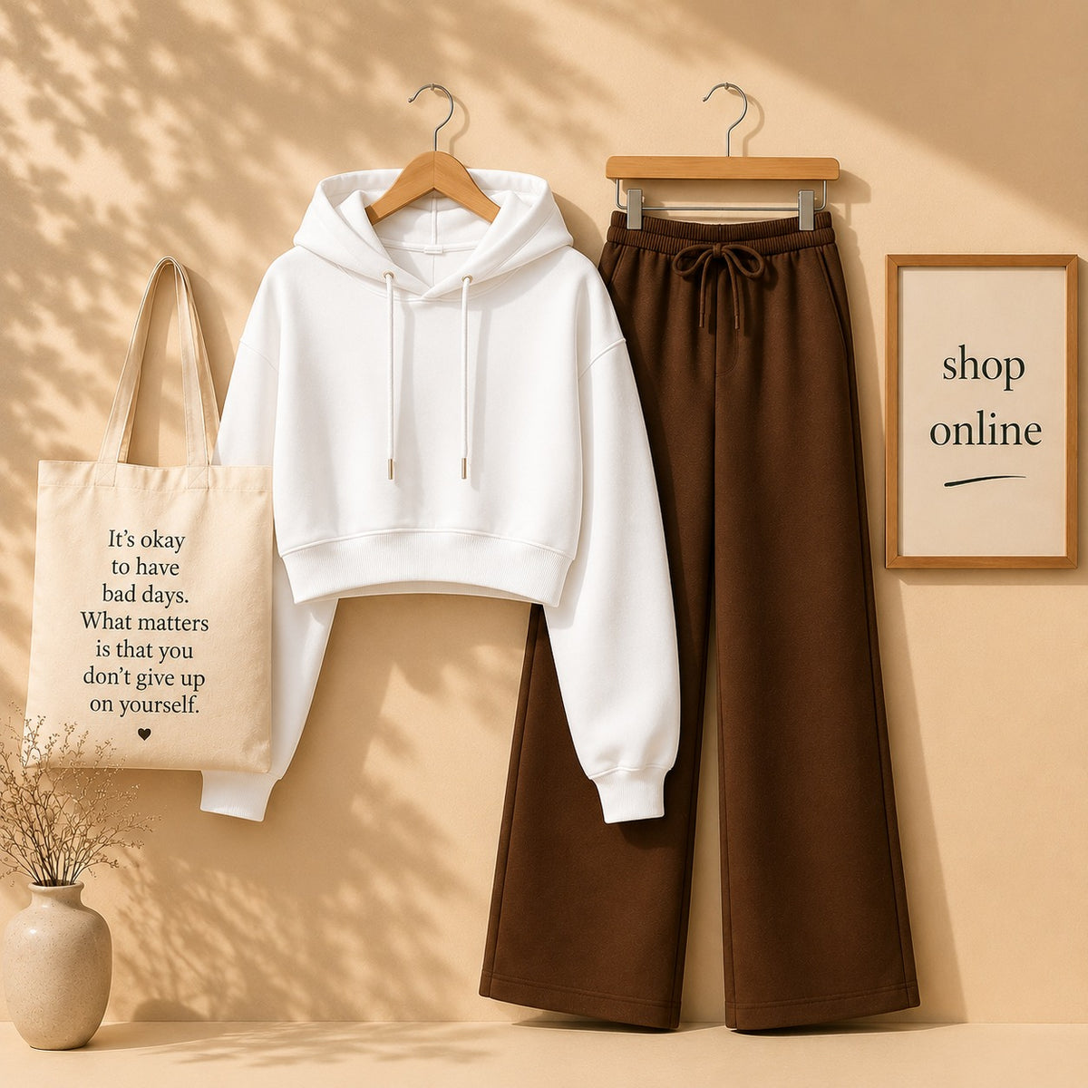 WHITE CROP HOODIE WITH BROWN FLAPPER