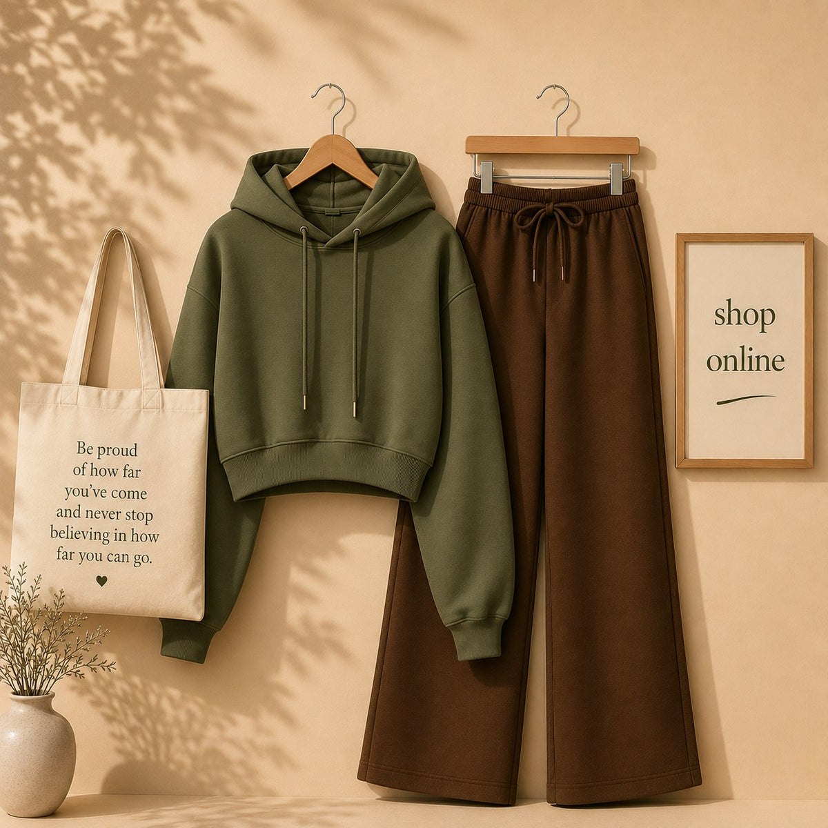 OLIVE GREEN CROP HOODIE WITH BROWN FLAPPER