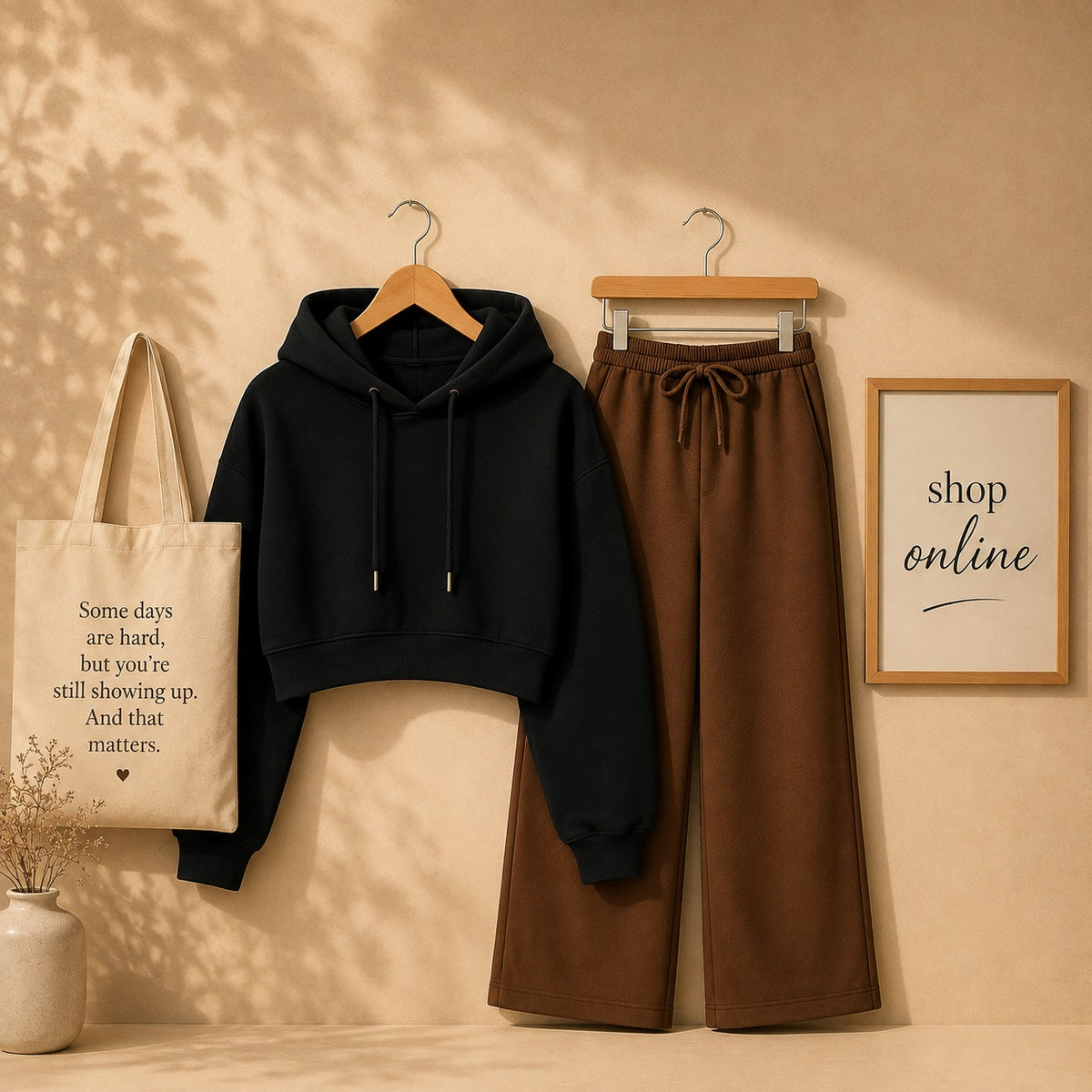 BLACK CROP HOODIE WITH BROWN FLAPPER