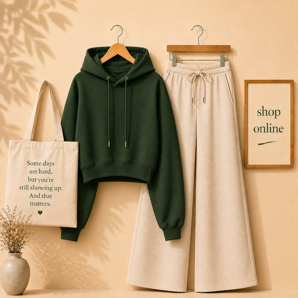 BOTTLE GREEN CROP HOODIE WITH BEIGE FLAPPER