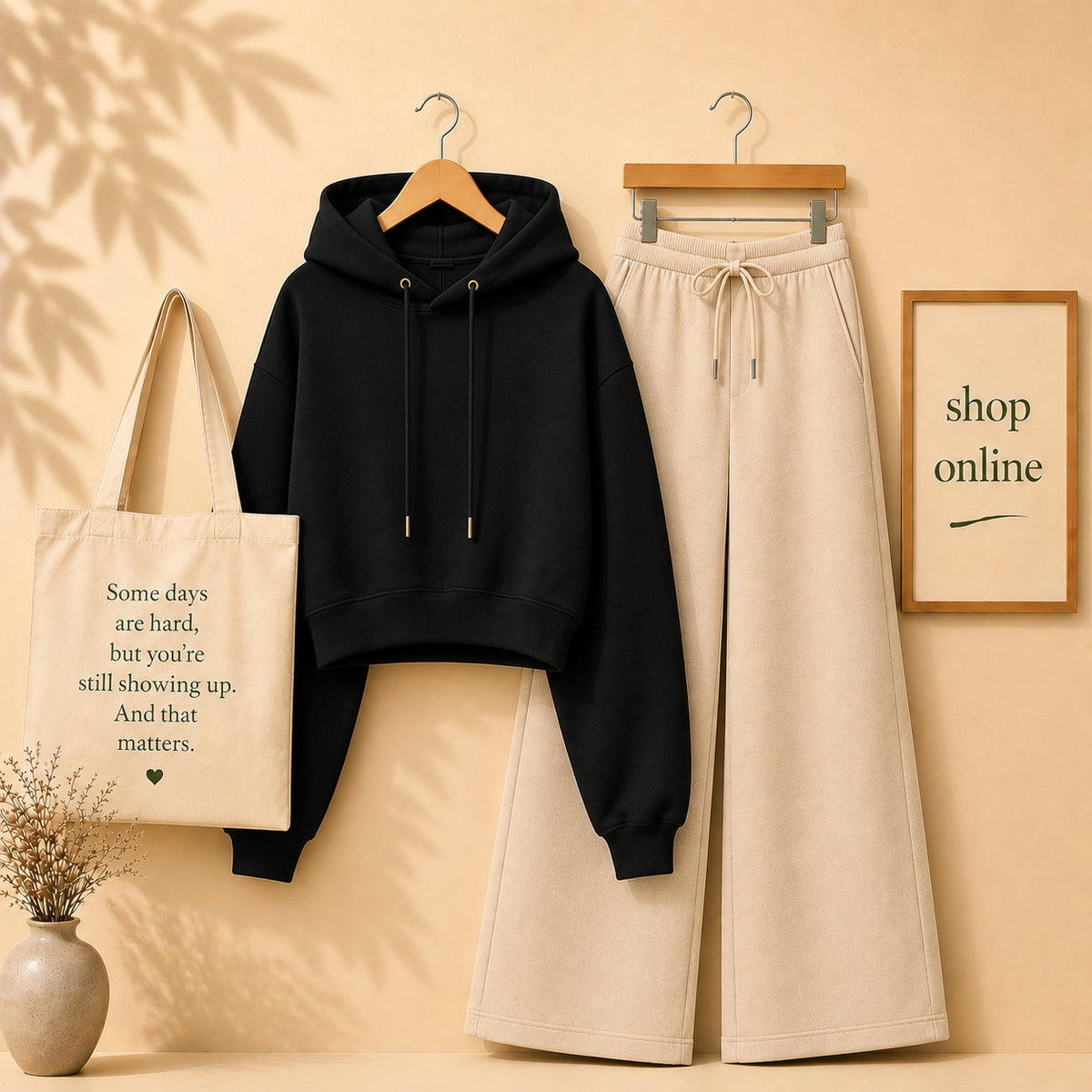 BLACK CROP HOODIE WITH BEIGE FLAPPER