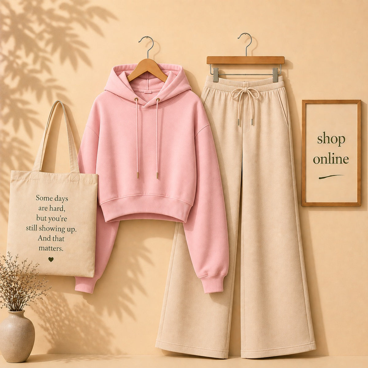 PINK CROP HOODIE WITH BEIGE FLAPPER