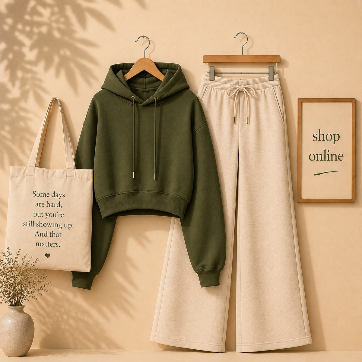 OLIVE GREEN CROP HOODIE WITH BEIGE FLAPPER