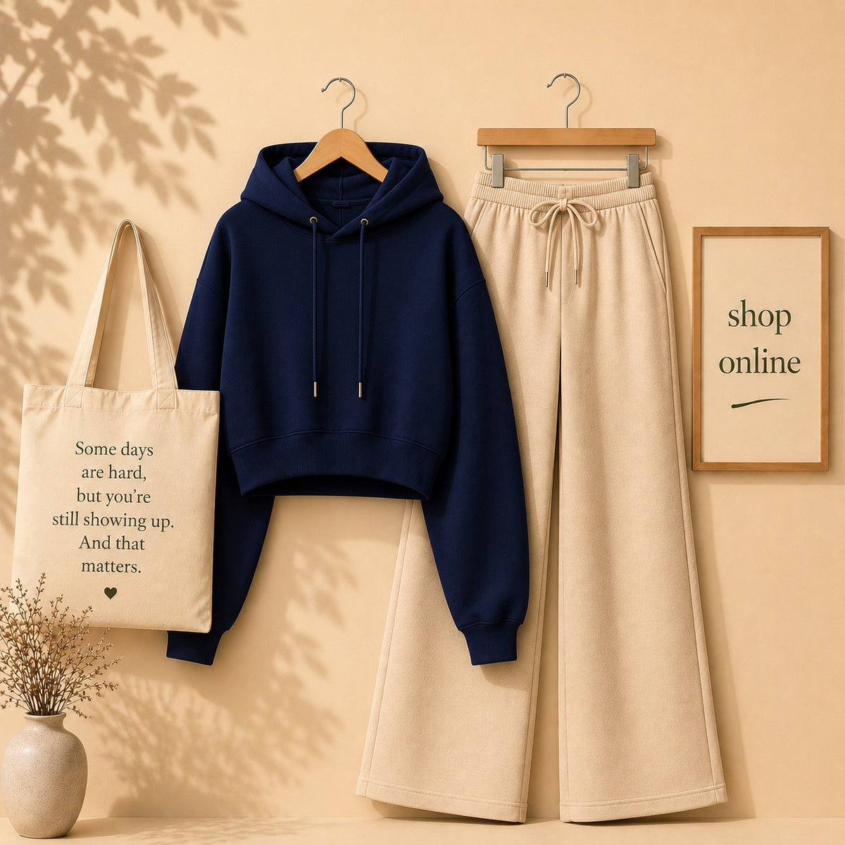 NAVY BLUE CROP HOODIE WITH BEIGE FLAPPER