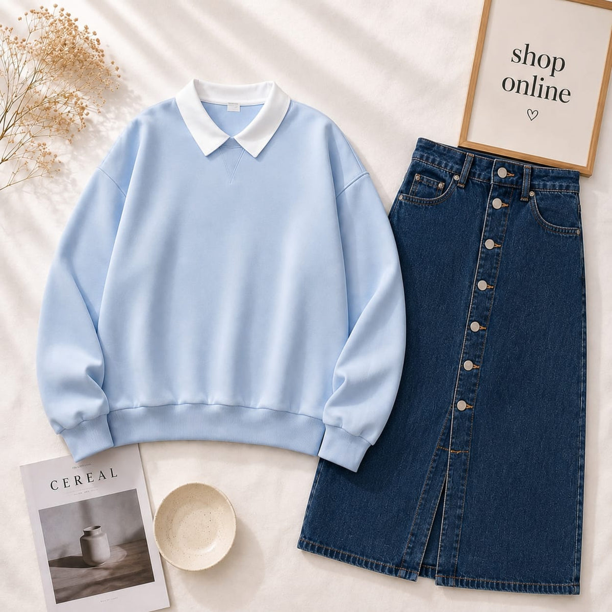 SKY BLUE COLLAR SWEATSHIRT WITH DARK BLUE DENIM SKIRT