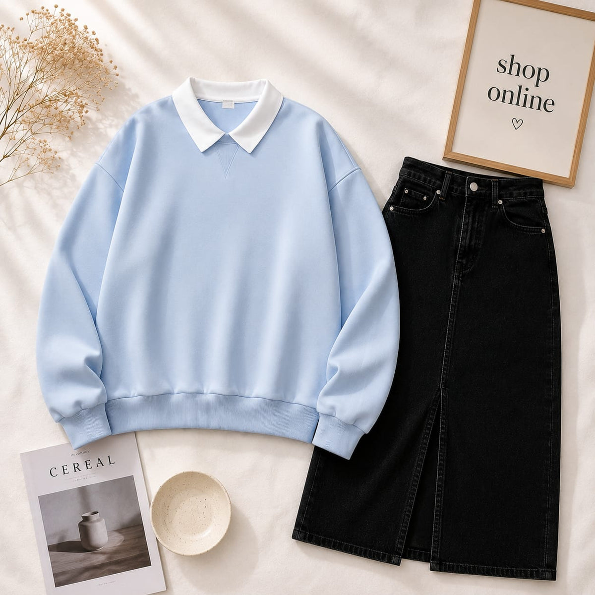 SKY BLUE COLLAR SWEATSHIRT WITH BLACK DENIM SKIRT