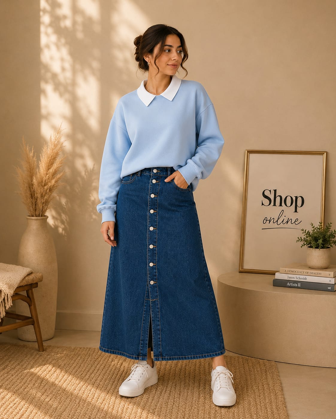 SKY BLUE COLLAR SWEATSHIRT WITH DARK BLUE DENIM SKIRT