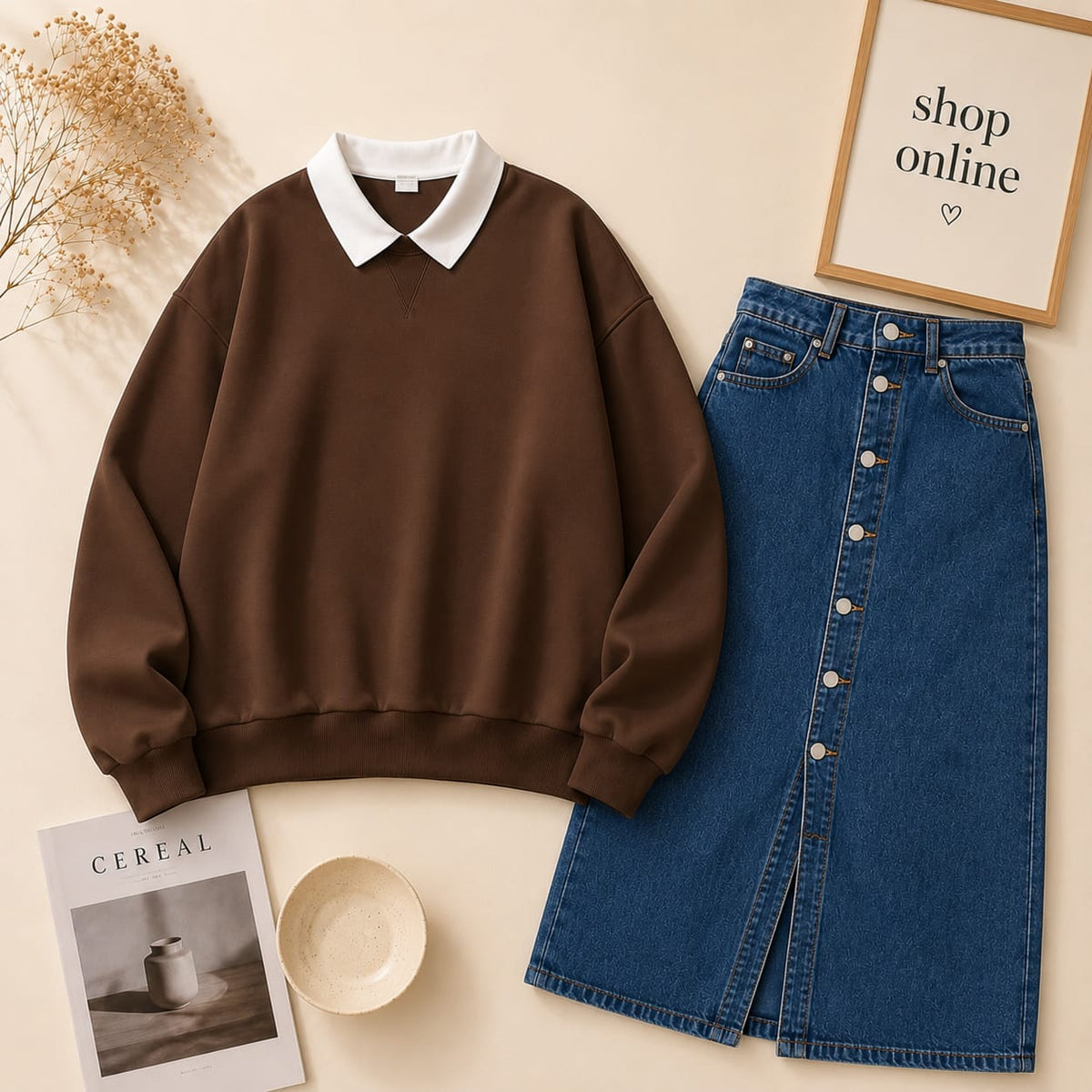 BROWN COLLAR SWEATSHIRT WITH DARK BLUE DENIM SKIRT