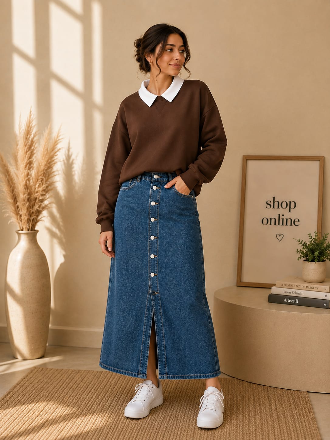 BROWN COLLAR SWEATSHIRT WITH DARK BLUE DENIM SKIRT