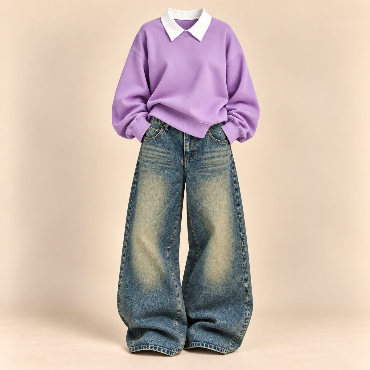 LILAC COLLAR SWEATSHIRT WITH VINTAGE GREENISH FADE WIDE LEG JEANS