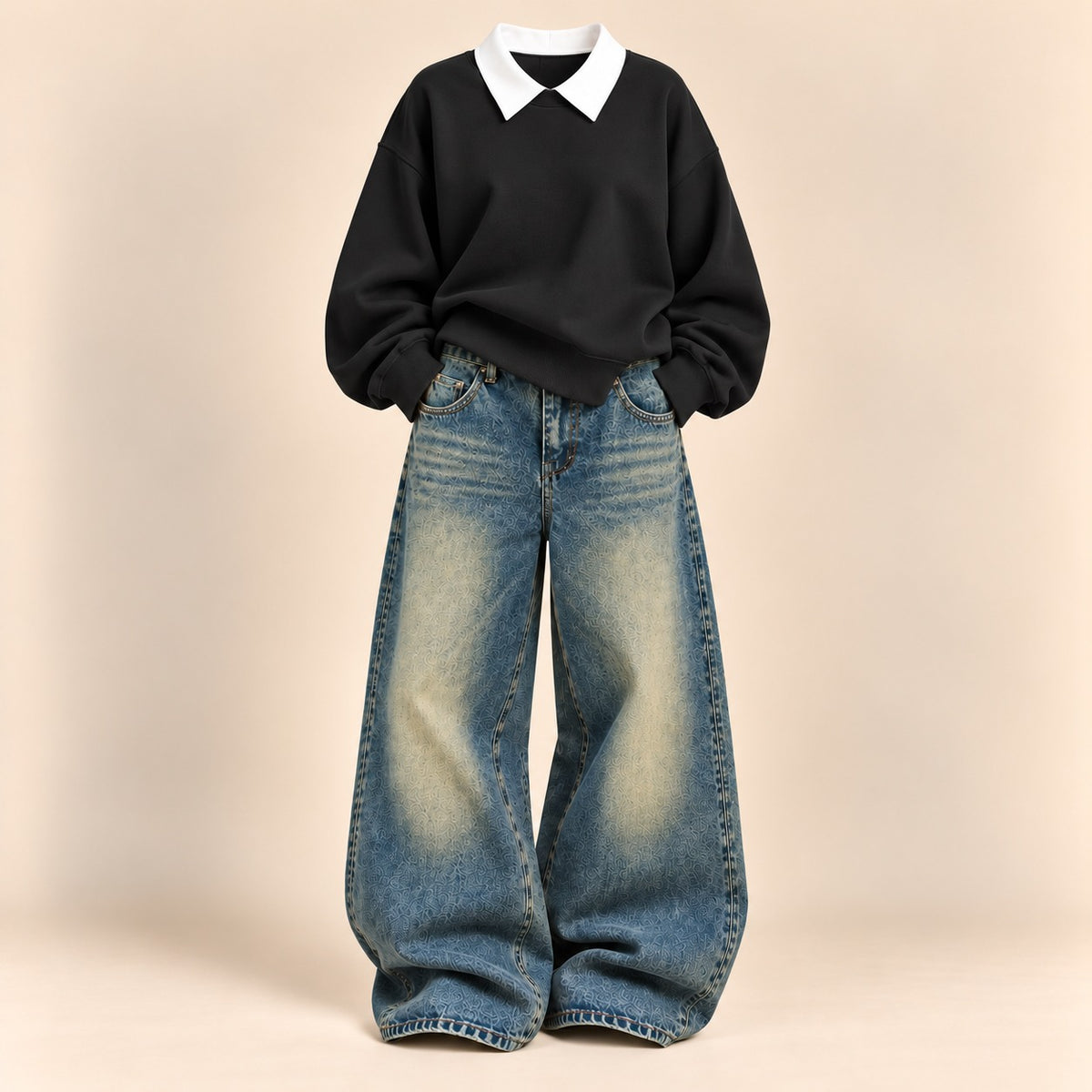 BLACK COLLAR SWEATSHIRT WITH VINTAGE GREENISH FADE WIDE LEG JEANS