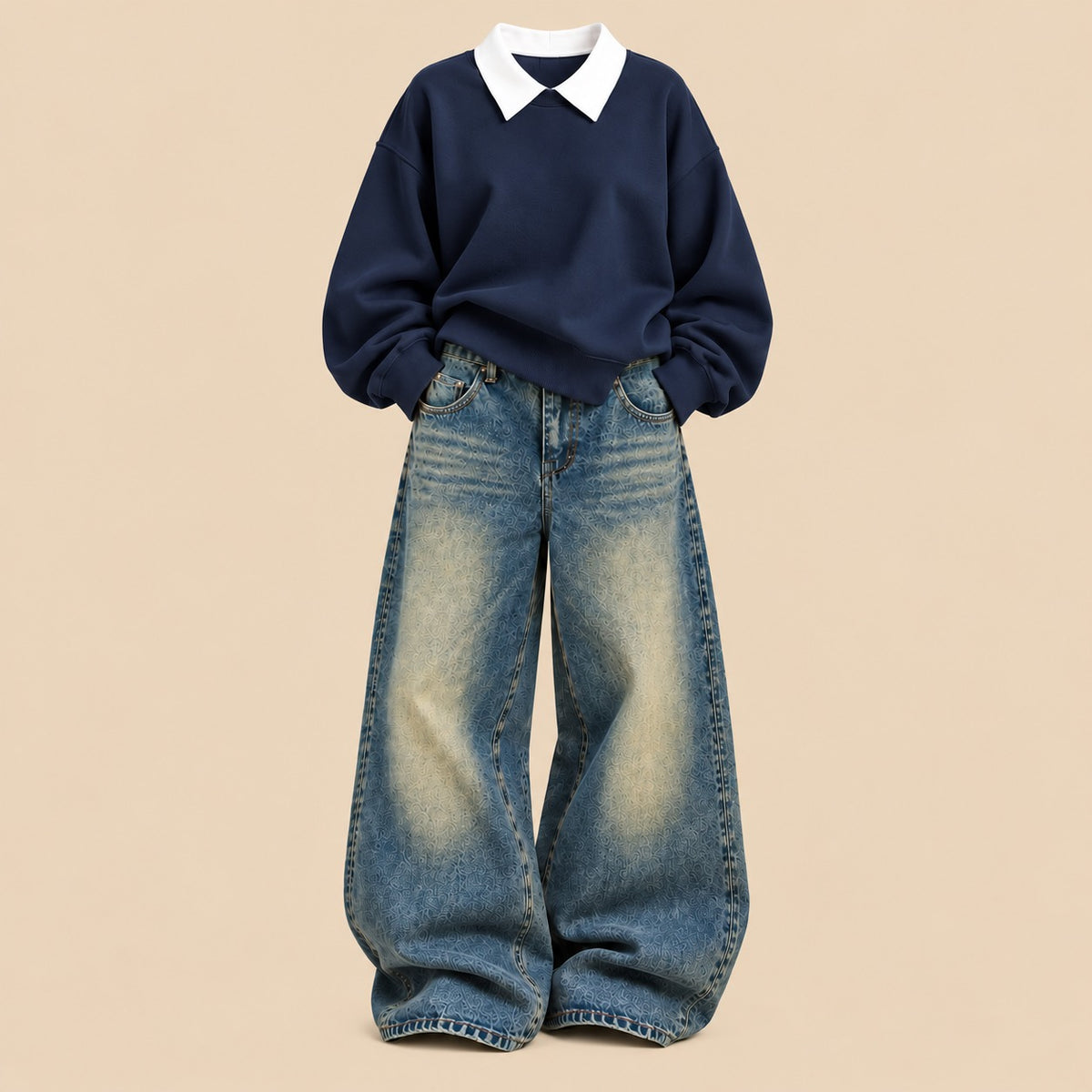 NAVY BLUE COLLAR SWEATSHIRT WITH VINTAGE GREENISH FADE WIDE LEG JEANS