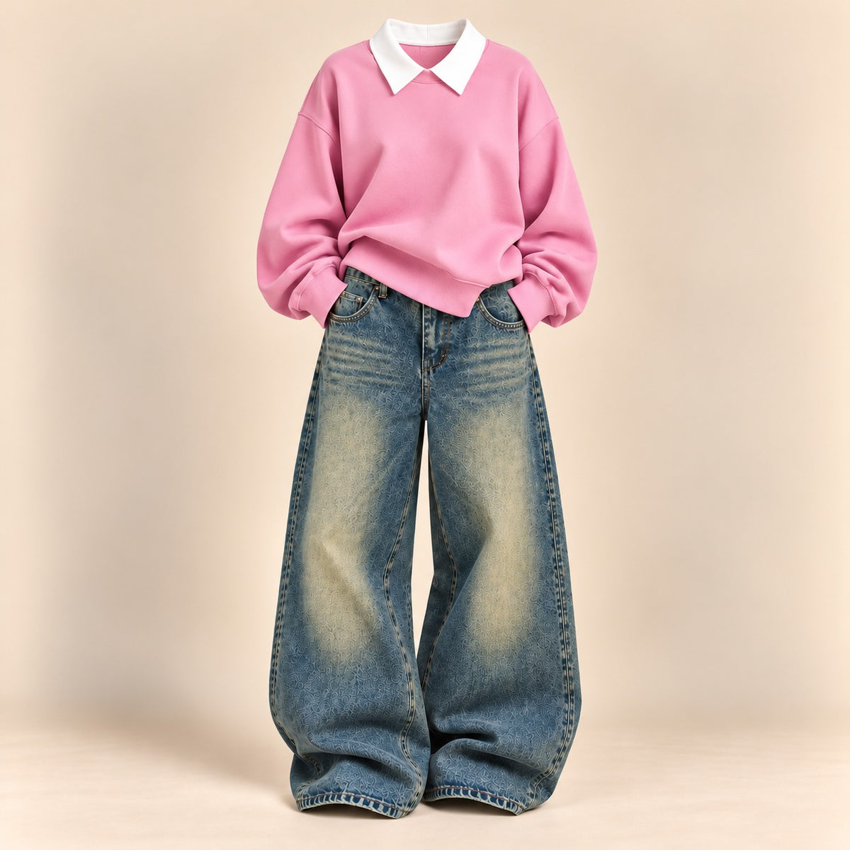 PINK COLLAR SWEATSHIRT WITH VINTAGE GREENISH FADE WIDE LEG JEANS