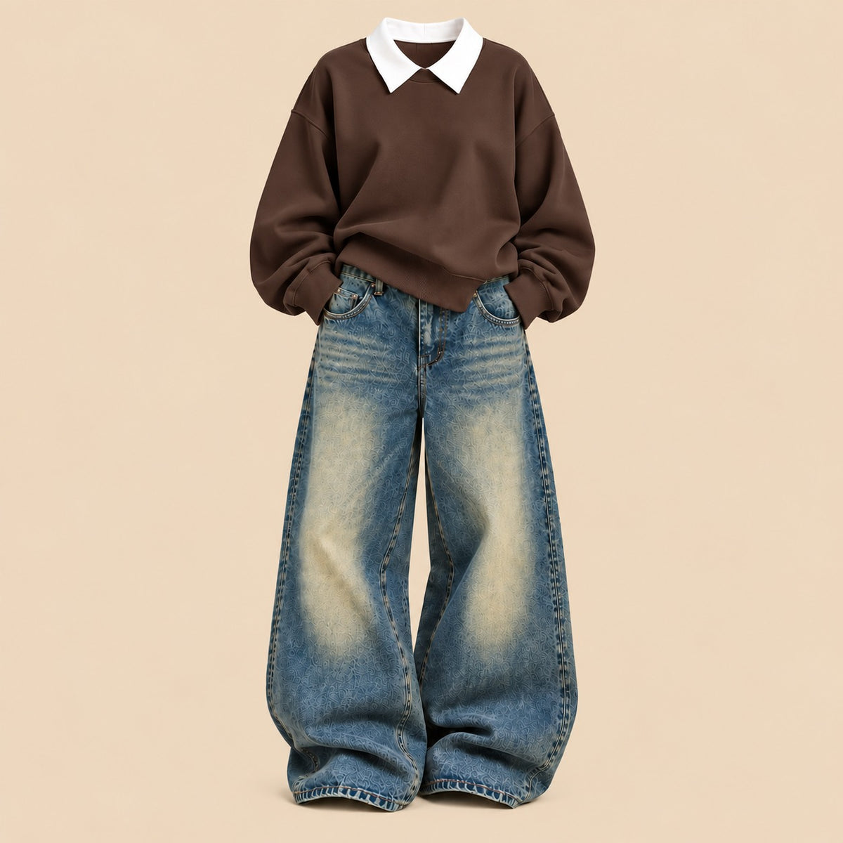 BROWN COLLAR SWEATSHIRT WITH VINTAGE GREENISH FADE WIDE LEG JEANS