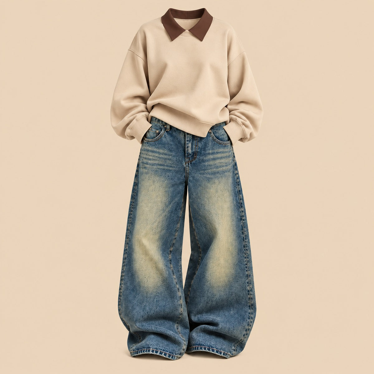 BEIGE COLLAR(BROWN) SWEATSHIRT WITH VINTAGE GREENISH FADE WIDE LEG JEANS