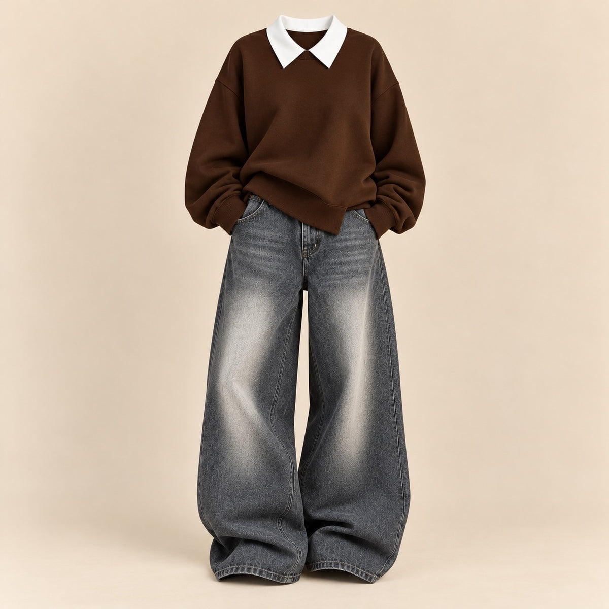 BROWN COLLAR SWEATSHIRT WITH VINTAGE GREYISH FADED WIDE LEG JEANS