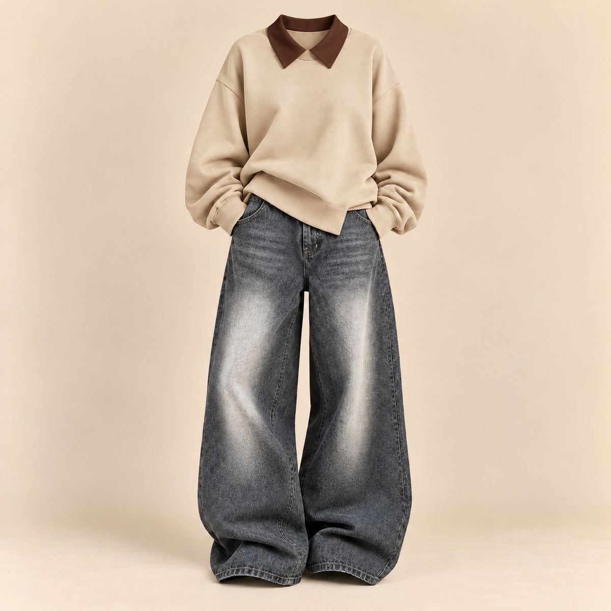 BEIGE COLLAR(BROWN)SWEATSHIRT WITH VINTAGE GREYISH FADED WIDE LEG JEANS (Copy)