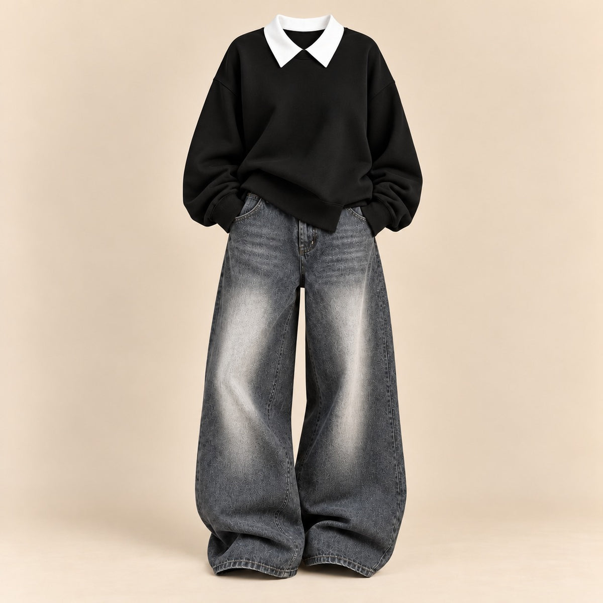 BLACK COLLAR SWEATSHIRT WITH VINTAGE GREYISH FADED WIDE LEG JEANS