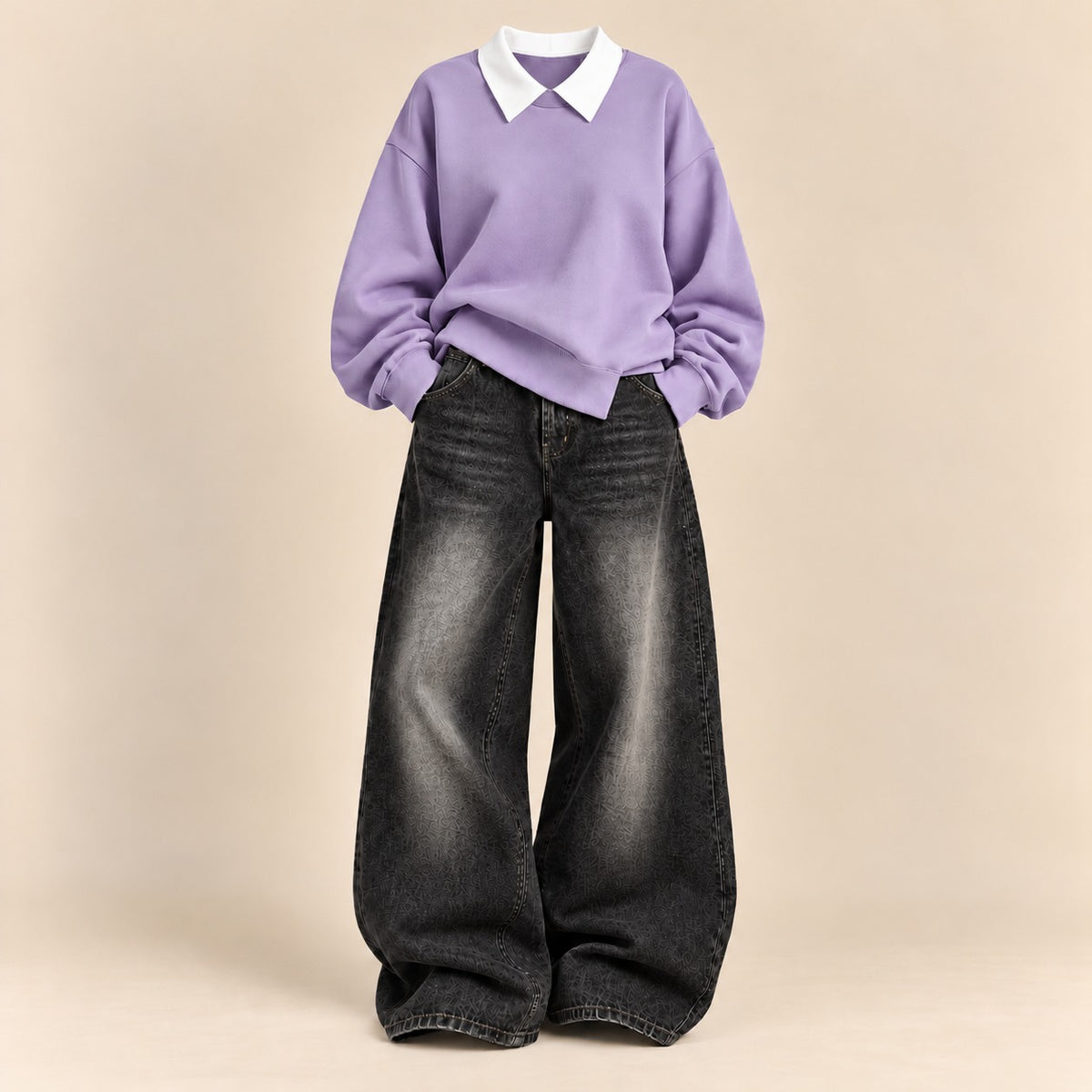 LILAC COLLAR SWEATSHIRT WITH VINTAGE BLACK FADED WIDE LEG JEANS