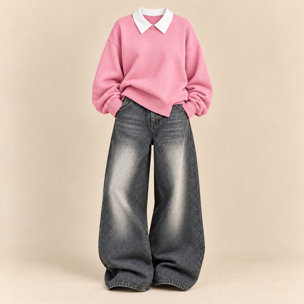 PINK COLLAR SWEATSHIRT WITH VINTAGE GREYISH FADED WIDE LEG JEANS