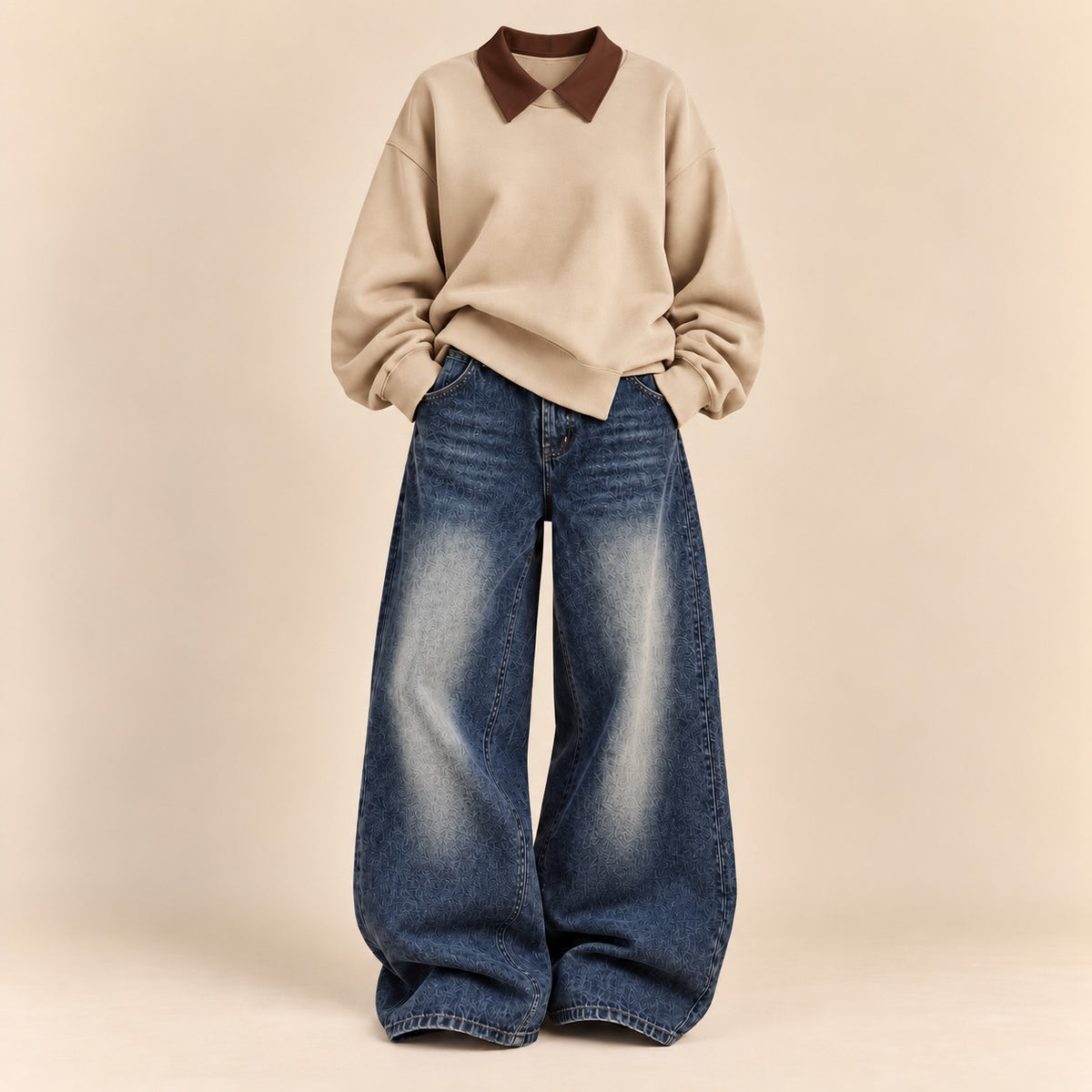 BEIGE COLLAR(BROWN) SWEATSHIRT WITH VINTAGE DARK BLUE FADED WIDE LEG JEANS