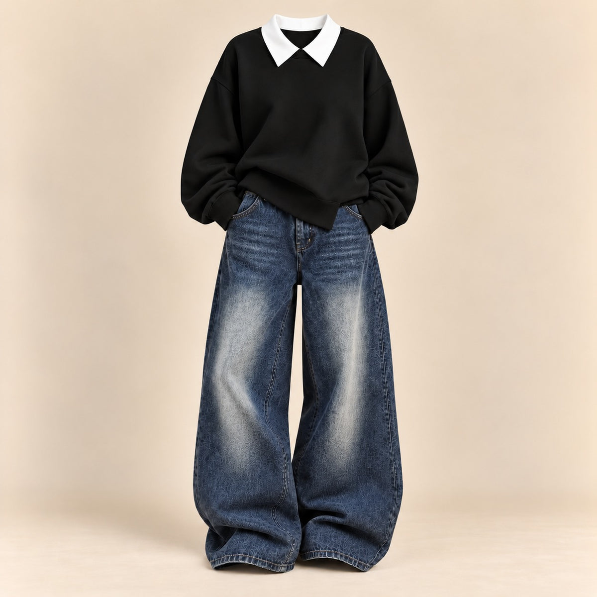 BLACK COLLAR SWEATSHIRT WITH VINTAGE DARK BLUE FADED WIDE LEG JEANS