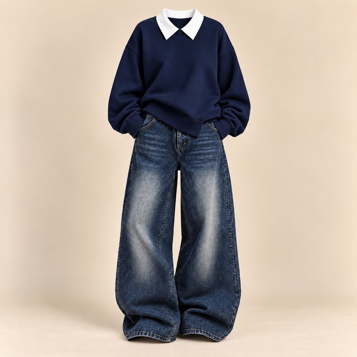 NAVY BLUE COLLAR SWEATSHIRT WITH VINTAGE DARK BLUE FADED WIDE LEG JEANS