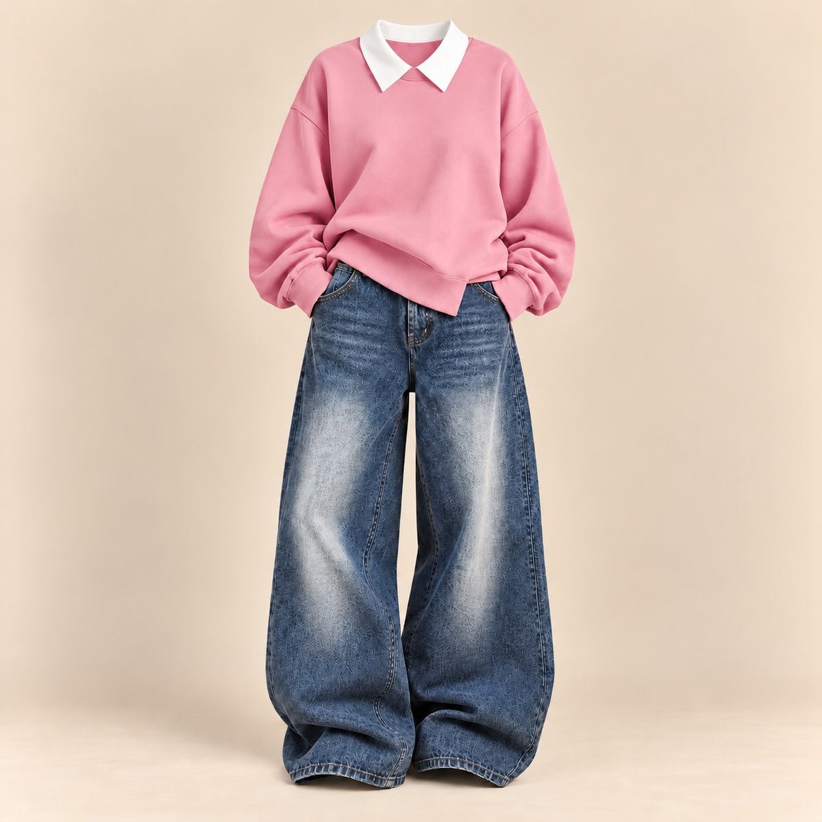 PINK COLLAR SWEATSHIRT WITH VINTAGE DARK BLUE FADED WIDE LEG JEANS
