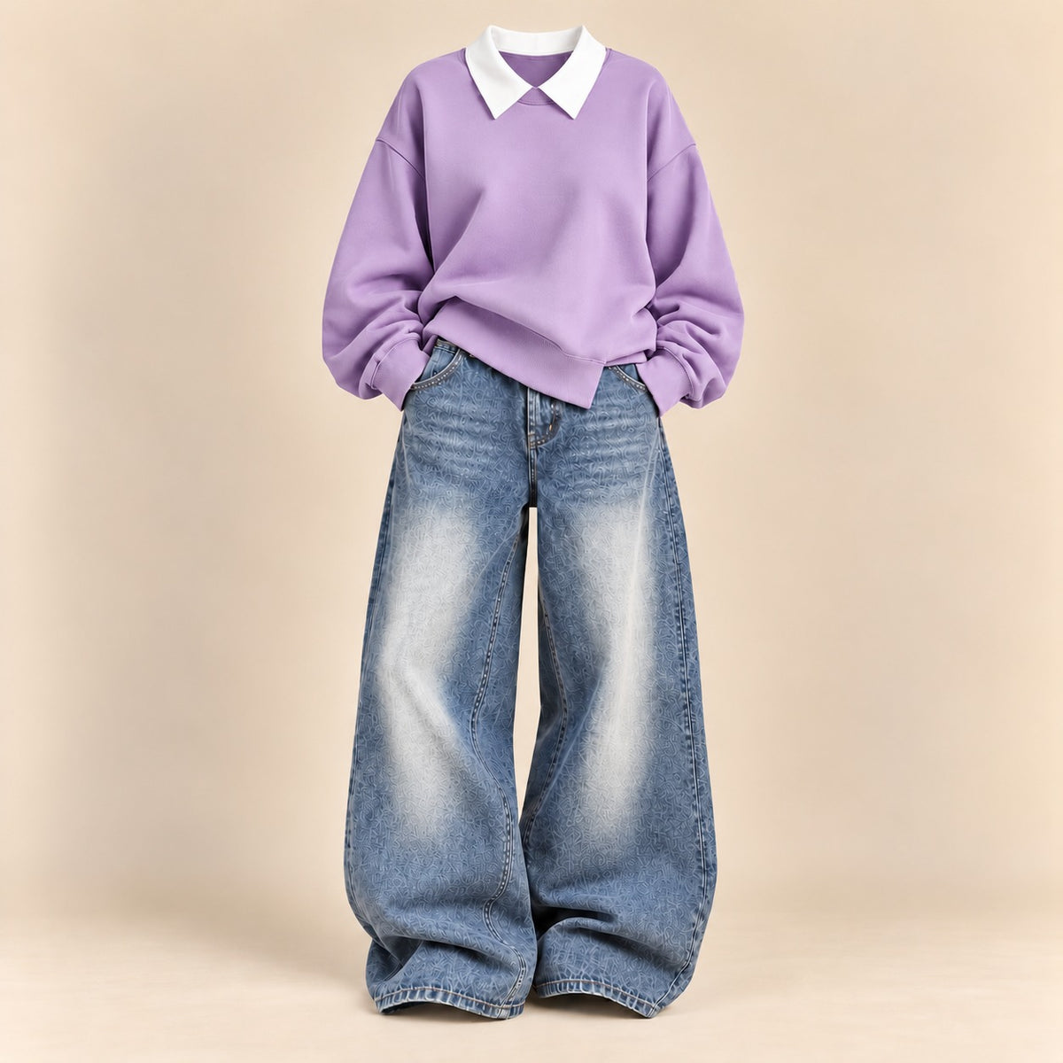 LILAC SWEATSHIRT WITH VINTAGE SKY BLUE FADED WIDE LEG JEANS