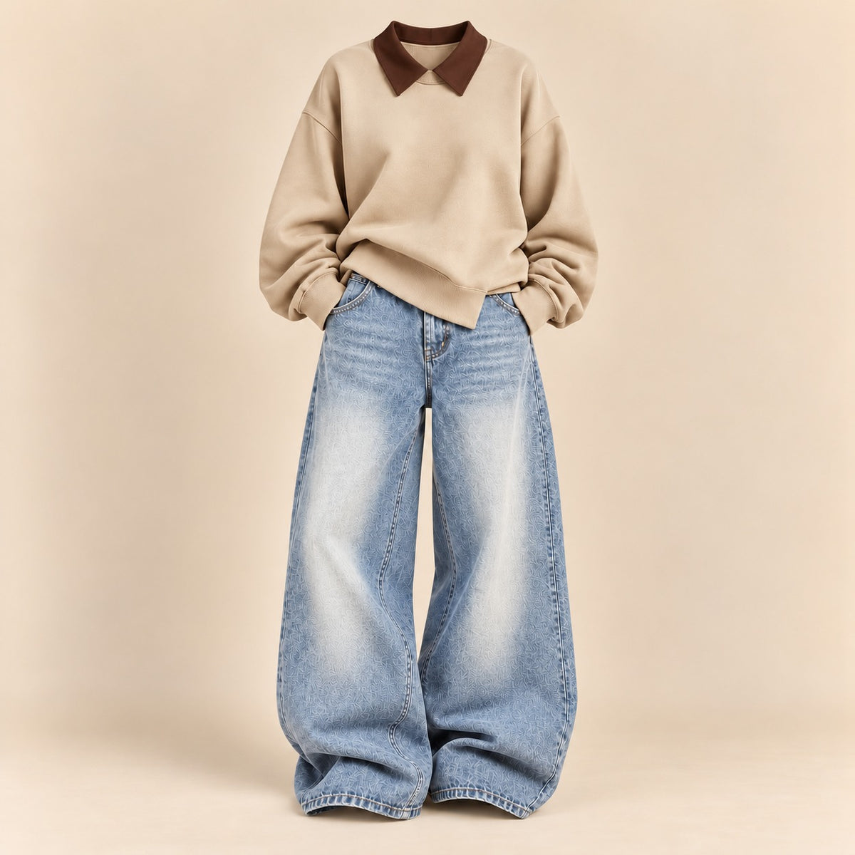 BEIGE COLLAR(Brown) SWEATSHIRT WITH VINTAGE SKY BLUE FADED WIDE LEG JEANS