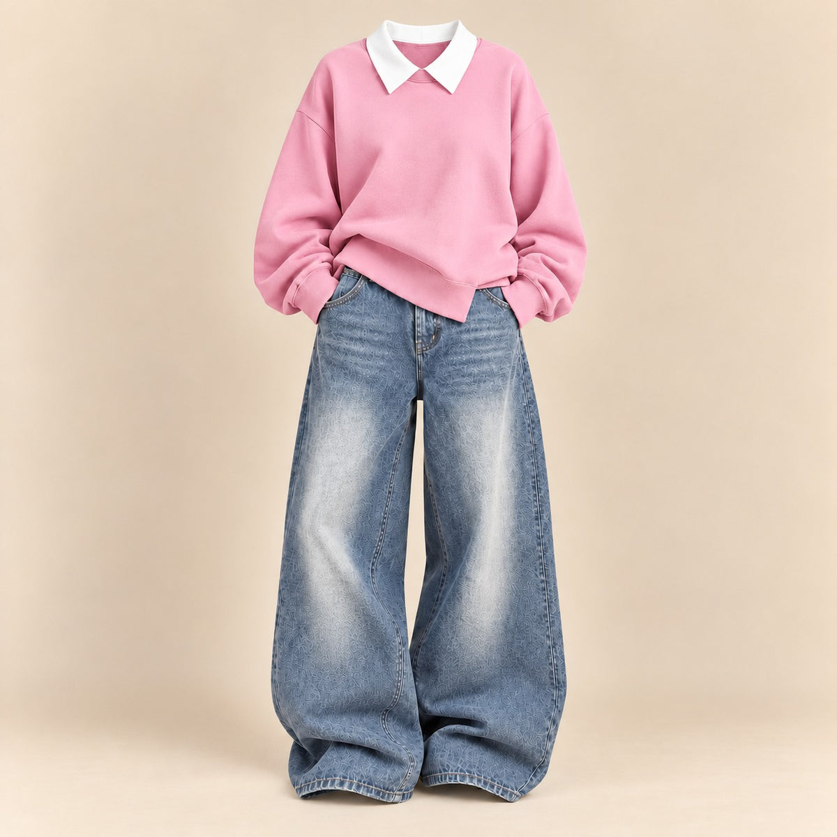 PINK COLLAR SWEATSHIRT WITH VINTAGE SKY BLUE FADED WIDE LEG JEANS