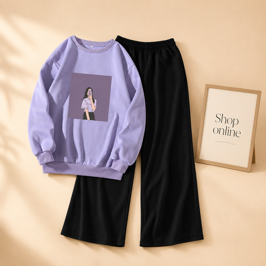 PURPLE BACKGROUND GIRL LILAC SWEATSHIRT WITH BLACK FLAPPER
