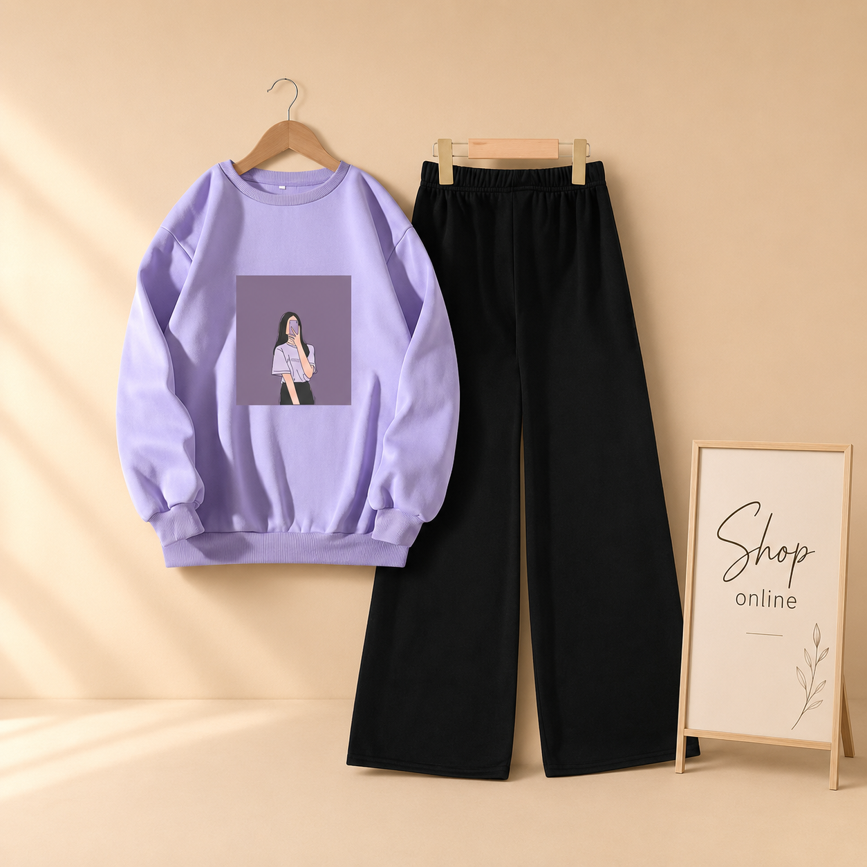 PURPLE BACKGROUND GIRL LILAC SWEATSHIRT WITH FLAPPER