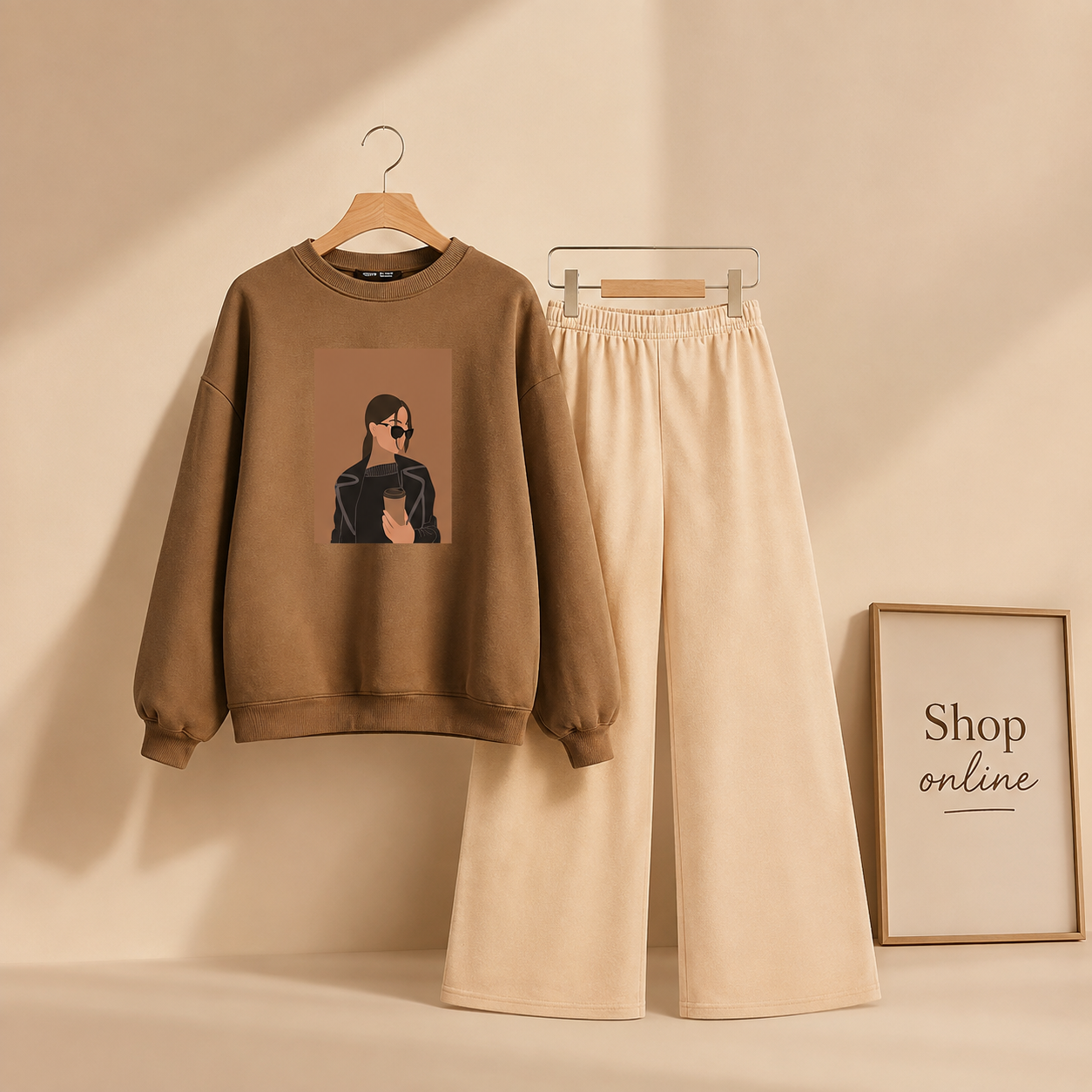 COFEE GIRL BROWN SWEATSHIRT WITH BEIGE FLAPPER