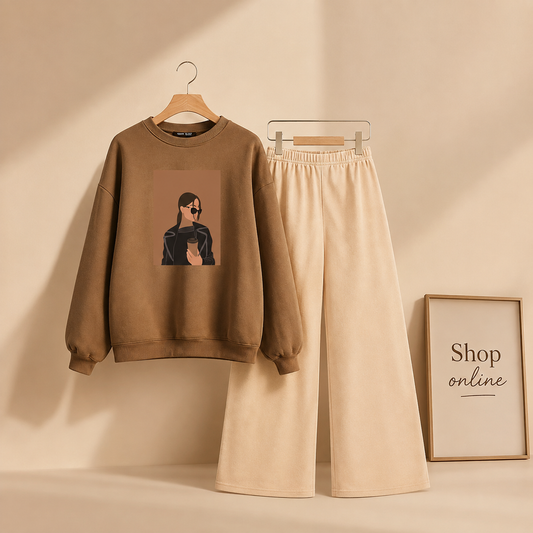 COFEE GIRL BROWN SWEATSHIRT WITH BEIGE FLAPPER