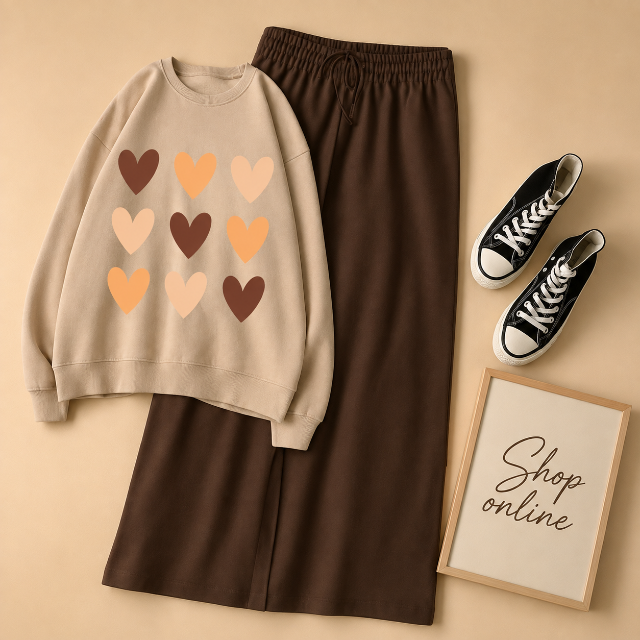 BROIWN HEARTS BEIGE SWEATSHIRT WITH BROWN FLAPPER