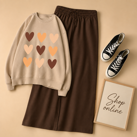 BROIWN HEARTS BEIGE SWEATSHIRT WITH BROWN FLAPPER
