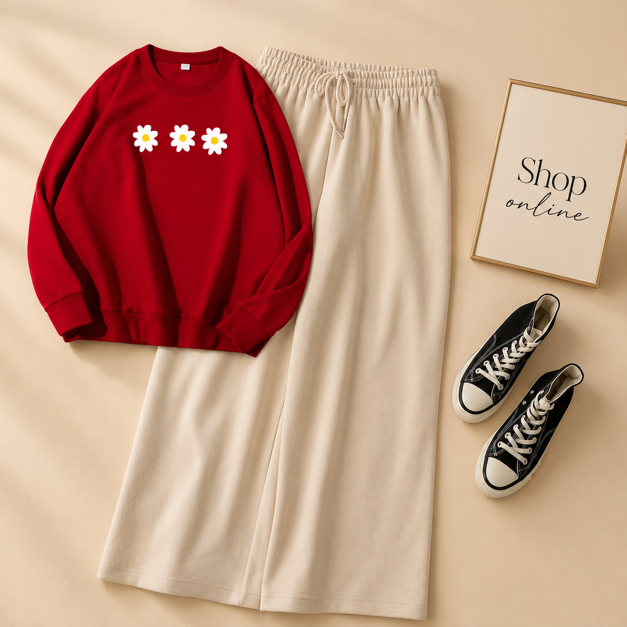3 DAISY MAROON SWEATSHIRT WITH BEIGE FLAPPER