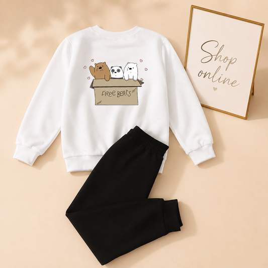 WHITE FREE BEAR SWEATSHIRT WITH BLACK TROUSER