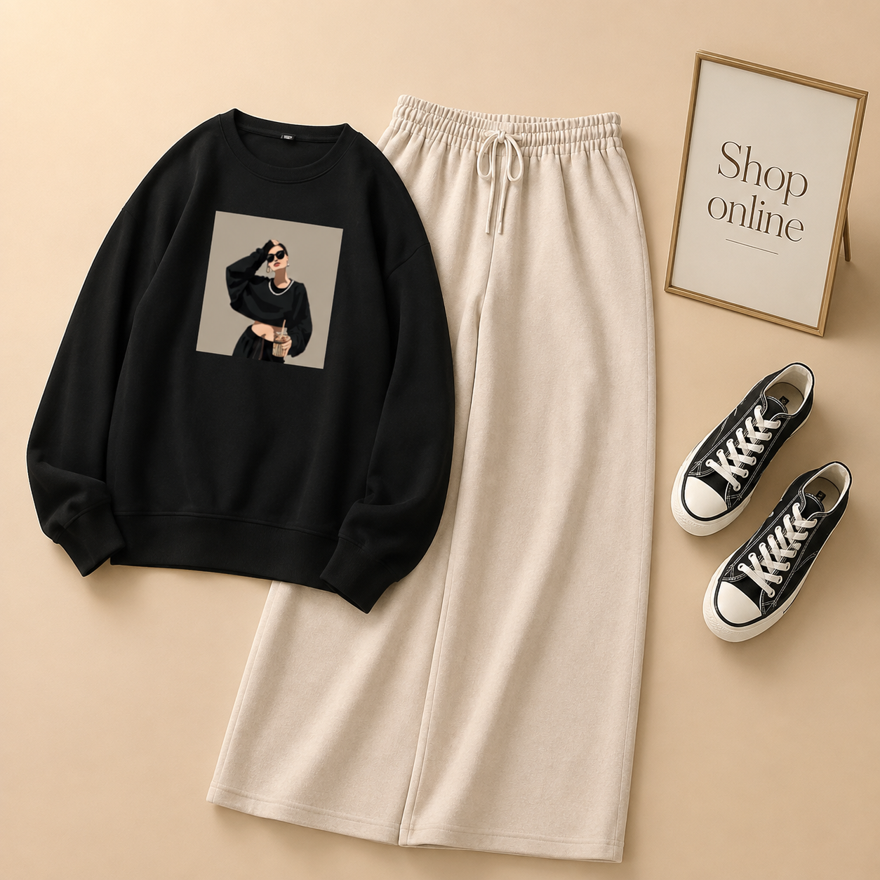NECKLACE GIRL BLACK SWEATSHIRT WITH BEIGE FLAPPER