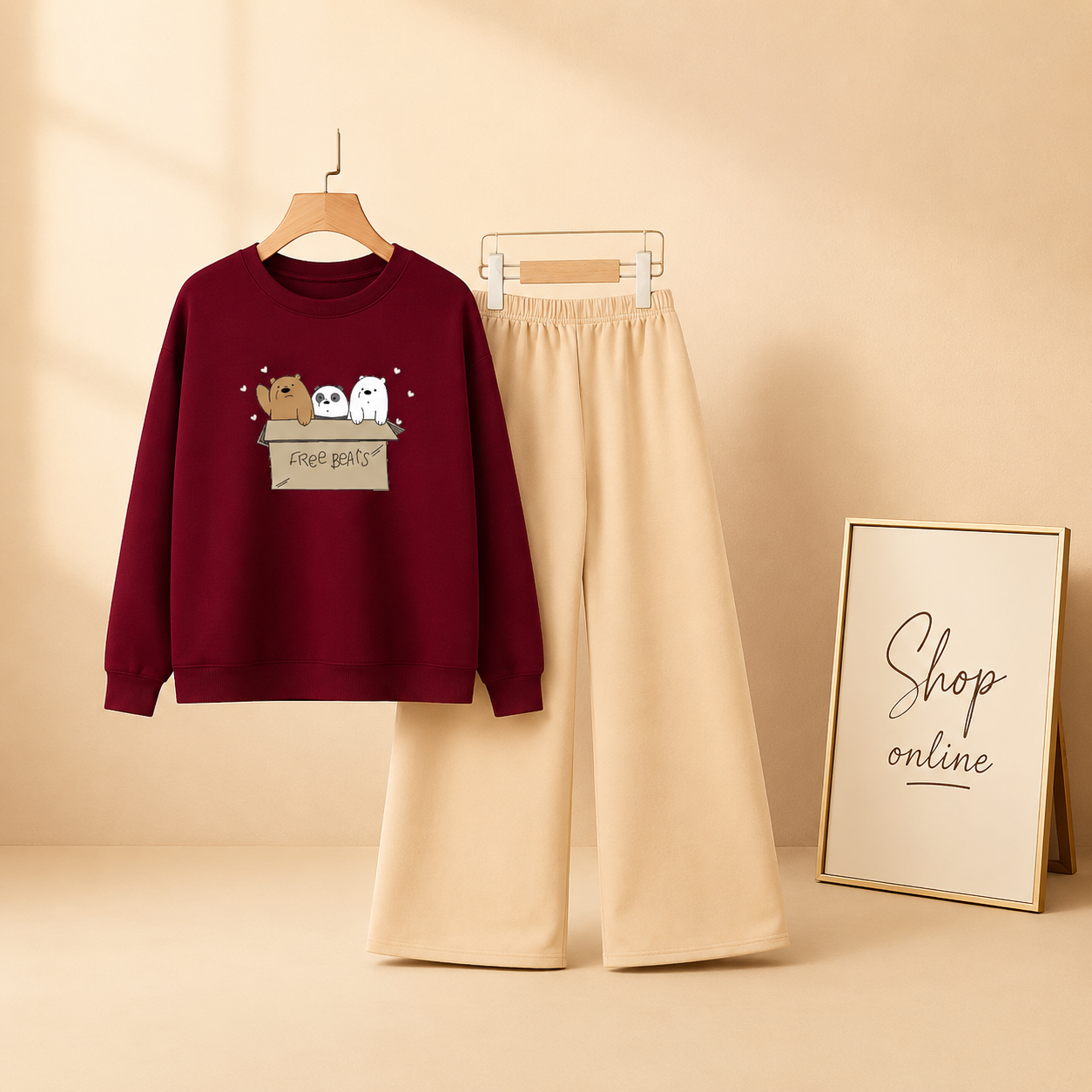FREE BEAR MAROON SWEATSHIRT WITH BEIGE FLAPPER