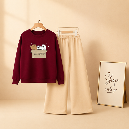 FREE BEAR MAROON SWEATSHIRT WITH BEIGE FLAPPER