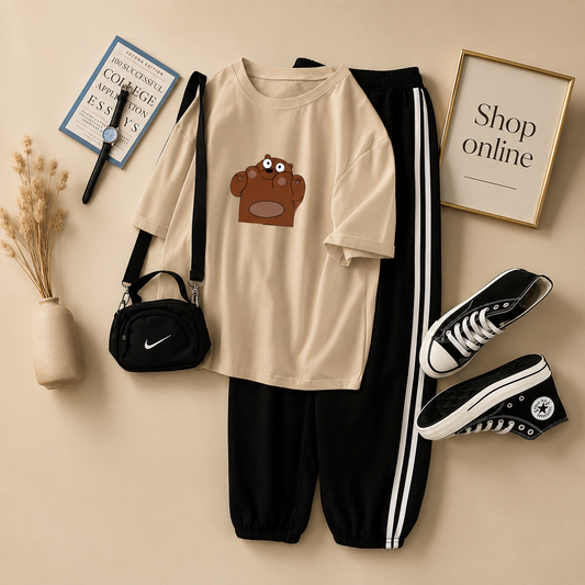 CREAM TEE BROWN BEAR WITH 3 STRIPE TROUSER