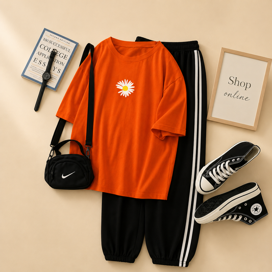 RED TEE WITH SUNFLOWER CENTRE WITH 3 STRIPE TROUSER