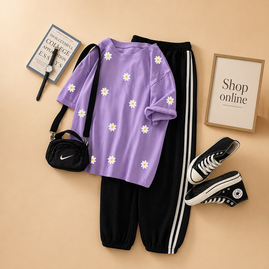 DAISY ALL OVER TSHIRT LILAC WITH 3 STRIPES TROUSER