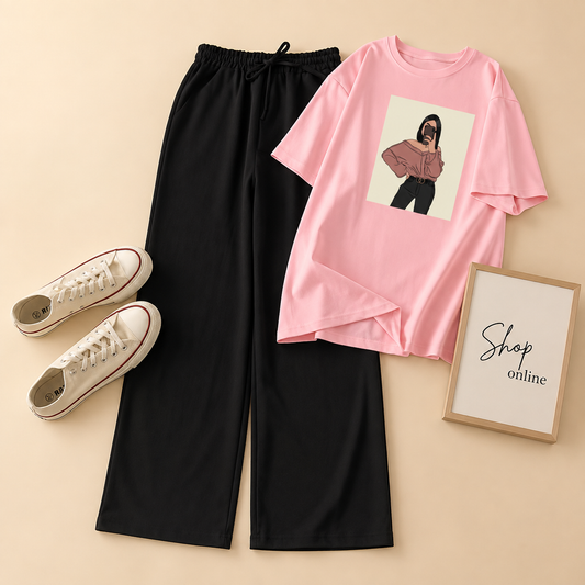 PINK TSHIRT OFF SHOULDER GIRL WITH FLAPPER