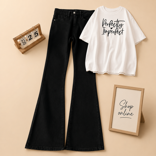 WHITE TEE PERFECTLY IMPERFECT TEE WITH BLACKBELL BOTTOM